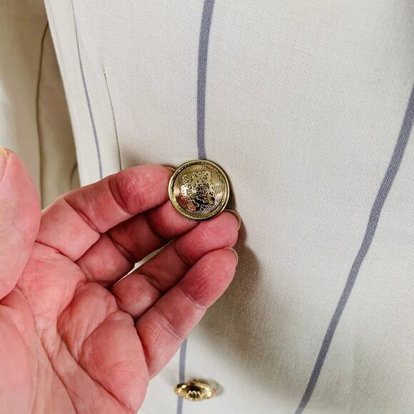 By Egreis Sz XS 2-Piece Suit Pants w/ Double Breasted Blazer Cream Blue Striped - Picture 6 of 13